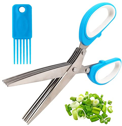 Tijeras para Hierbas,Tijera para Hierbas de Cocina en Acero Inoxidable 5 Cuchilla Trituración Cortador con Peine de Limpieza,Para Especias Cebollinos Verduras (Azul)