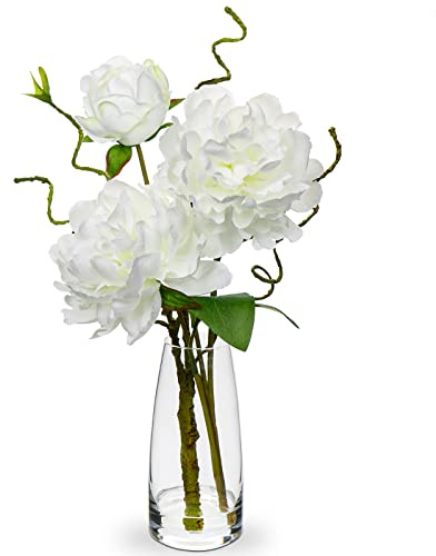 38 cm Künstliche Blumen Seide mit Glasvase, weiß Künstliche Pfingstrose Seide gefälschte kunstblumen, plastikblumen im vase, Realistische Blume Silk im topf für Wohnzimmer Büro Dekor Tisch Küche