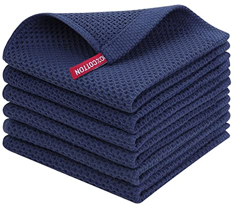 Moosfor 100% Cotton Tea Towels 6 Pk 30 x 30 cm Dish Cloths Navy Blue | Highly Absorbent Soft, Quick Drying, Lint-Free, Grease Removing, Gentle on Cookware, Great for Dishes, Sink & Dining Table