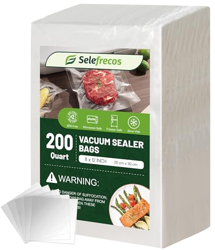 Vacuum Sealer Bags, 200 Quart BPA Free 8x12 Inch Vacuum Seal Bags for Food Saver, Seal a Meal, Weston. Heavy Duty Commercial Grade Vacuum Food Storage Bags for Sous Vide Freezer Vac Storage Meal Prep
