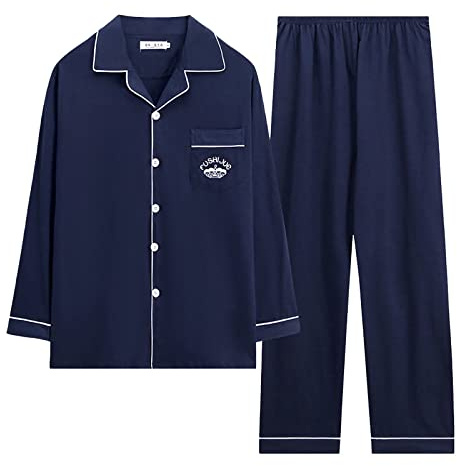 LOIJMK pyjama long pour homme - Deux pièces en coton - Grandes tailles - Col en V - Poche de poitrine - Doux et confortable - Tenue de loisirs