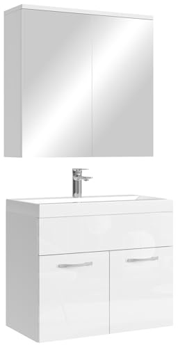 Badplaats Badmöbel Komplettset Montreal 60 x 35 cm Weiß Hochglanz - Badezimmermöbel mit Waschbecken und Spiegelschrank