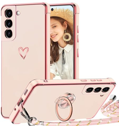 TVVTPU Handyband für Samsung Galaxy S21 FE 5G Hülle mit Band, Herz Muster Handyhülle mit Ring Ständer Stoßfeste Kratzfest TPU Bumper Outdoor Schutzhülle Case mit Kordel zum Umhängen (Abnehmbar), Rosa