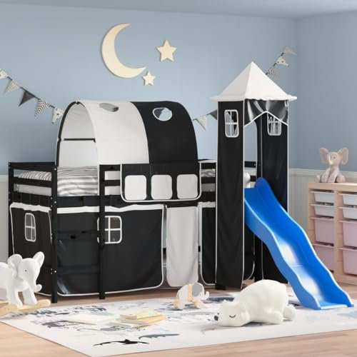 Festnight Hochbett Kinder mit Rutsche Spielbett Kinderbett 90x190 cm Kinderhochbett Etagenbett Hausbett Holzbett mit Turm Tunnel Leiter Vorhang Einzelbetten Jugendbett Bettgestell Rutschbett