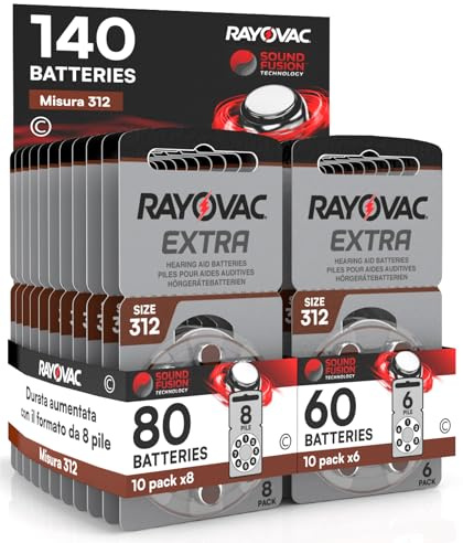 Batterie Rayovac 140 Pile Extra Misura 312 PR41 Marroni con Tecnologia Sound Fusion Per Apparecchi Acustici Auricolari - 10 Blister da 6 e 10 Blister da 8