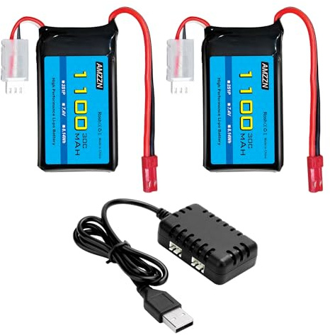AMZZN 2 Stück 7,4V 1100mAh 30C Lipo Akku mit Ladegerät 2-in-1 für Wltoys A949 A959 A969 A979 K929 RC Auto, kompatibel mit 1/10 1/16 1/18 1/24 Bericht RC Auto und A320 A321 V355 3 RC Drohne