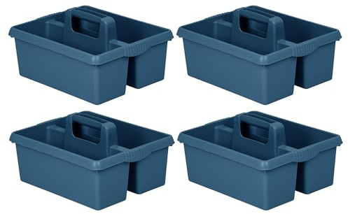 M1SS 4 X Heavy Duty Large Plastic Handy Kitchen Tool Cleaning Tool Box with Handle Utility Storage Tidy Organiser Tote Tray Two Compartment Cleaners Carry Caddy Multipurpose Cleaning Tools - Navy Blue