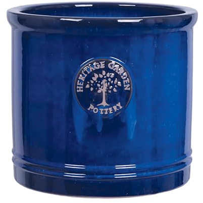 Large 30cm Blue Heritage Cylinder Garden Ceramic Planter Plant Flower Pot - Frost Proof