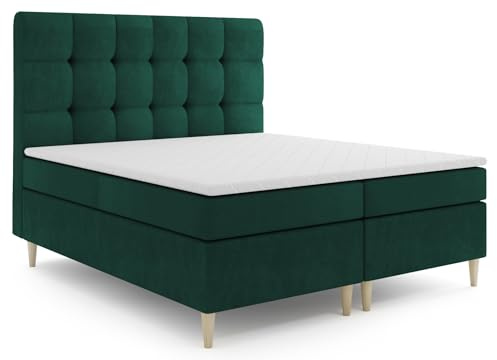MRGROUP Boxspringbett mit Bettkasten Oslo 160 x 200 cm, Samtstoff, Polsterbett mit Bonell-Matratze und Topper, Doppelbett mit Stauraum, Bett für Schlafzimmer, Gepolstertes Kopfteil, H3, grün