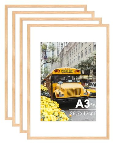 Veelot® 4x Bilderrahmen DIN A3 29.7x42cm,Natur Holz Eiche,Passepartout 21x30cm,Zertifikatsrahmen 30x42cm mit bruchsicherem Acrylglas | Holzbilderrahmen Poster Echtholz