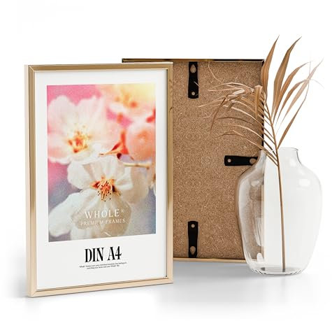 Whole® Premium Bilderrahmen A4 (21x30 cm) Alu Gold | DIN A4 Rahmen 21x29,7 cm | Picture Frame Aluminium Mit Acrylglas