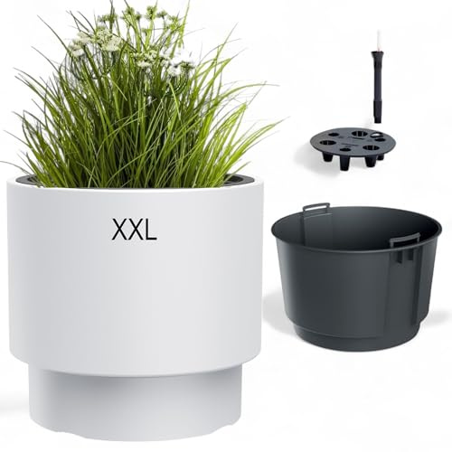 Blomkruka blomkruka med avtagbar insats rund frostbeständig modern matt bevattningssystem (vit, XXL – 47 cm)