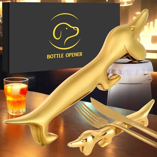 LULLEA Dackel Multifunktional Flaschenöffner, Dackel Geschenke, Dackel Deko Essstäbchenablage, Dackel Messerbänkchen Besteck Ständer, Geburtstagsgeschenk Weihnachten Geschenke für Männer Frauen,Gold