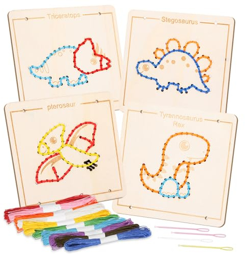 Montessori Fädelspiel Set, Stickset für Anfänger, Sticken für Anfänger | Fädelspiel mit 4 Tieren, Anfänger Stickerei Set mit Garn für Kinder, Sticken Set Erwachsene, Bastelsets für Kinder, Handwerk