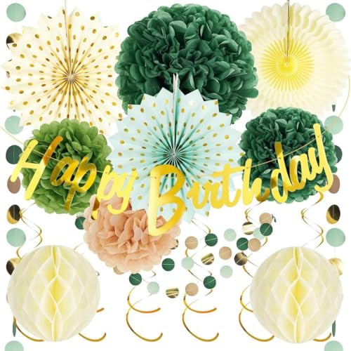 Bangbobi Geburtstagsdeko - Elegante Partydeko mit Happy Birthday Girlande, Wimpelkette, Wabenbälle, Pompons & Sage Grün Deko - Perfekte Deko Geburtstag & mehr