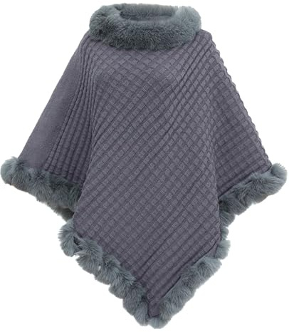 JFAN Ponchos Mujer Capas de Punto Invierno Cálido Elegante Chal con Cuello Redondo Capa de Piel Sintética Térmica para Otoño e Invierno Gris