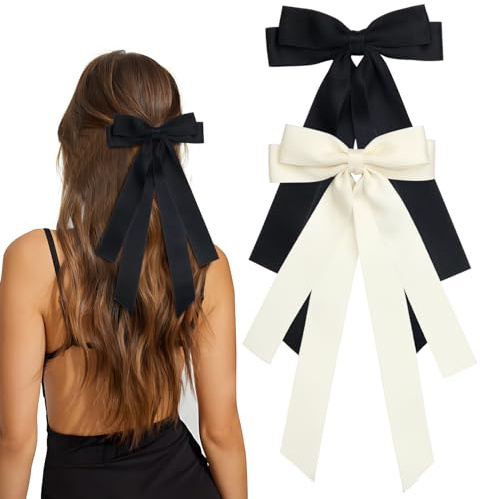 MIKONIKO Bow Hair Clips 2PCS Set for Women and Girls - Black White Ribbon Bows for Hair, with Long Tail, Alligator Clip (Black & Beige)