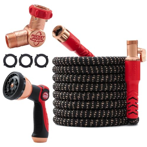 Pocket Hose Copper Head UV w/Pocket Pivot, Expandable Garden Hose 75 FT w/10 Pattern Thumb Sprayer AS-SEEN-ON-TV 650psi 3/4in Ultra-Light Solid Copper Anodized Aluminum Fittings No-Kink No-Lead