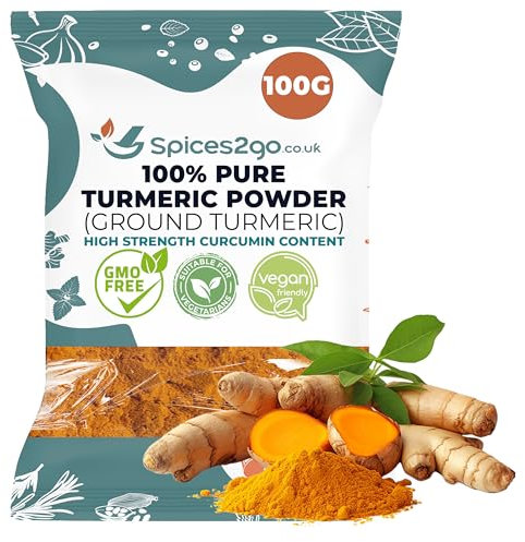 Spices2Go Premium Turmeric Powder - 100% Pure Organic Turmeric Ground, Curcumin, Holud | Haldi | Haldar | Haladi, Long Shelf Life, GMO-Free, Made In Britain, Haldi, Tumeric (100G)