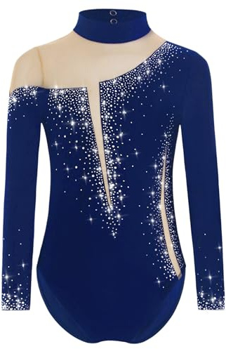 Yruioon Mädchen Turnanzug Glitzer Langarm Gymnastikanzug Strass Glänzend Eiskunstlauf Body Overall Sportbody Wettbewerb Tanzkostüm