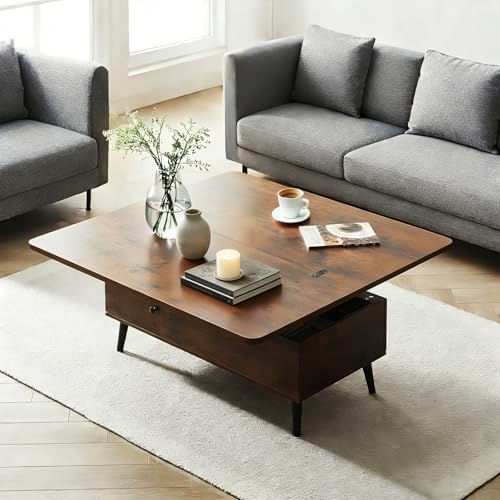 CLIPOP Couchtisch höhenverstellbarer,Doppelte Hubplatte,Versenkbarer Wohnzimmertisch, Kaffeetisch umwandelbar in Esstisch, Beistelltisch mit Verstecktem Fach, Sofatisch aus Holz,Braun