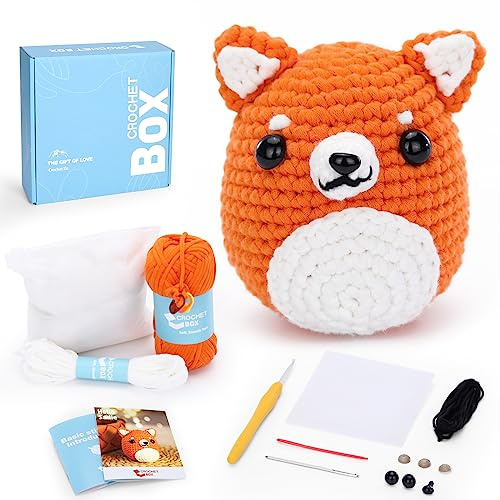 CrochetBox Komplettes Häkelset für Anfänger, Shiba Inu Häkelset, Video-Tutorial einbeziehen, Anleitung, Weiches Garn