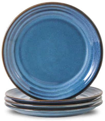 HASENSE Dessert Plates Set of 4, 8 Inch Porcelain Salad Dinner Plates Set for Kitchen, Flat Serving Dishes for Appetizer, Pasta, Side Dish, Snack, Microwave and Dishwasher Safe, Blue