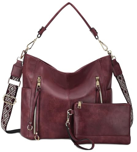 Chase Chic Handtasche Damen, Leder umhängetasche Shopper Hobo Taschen Geldbörse set Gross Schultertasche mit Abnehmbar Schulterriemen 2pcs Dunkelrot