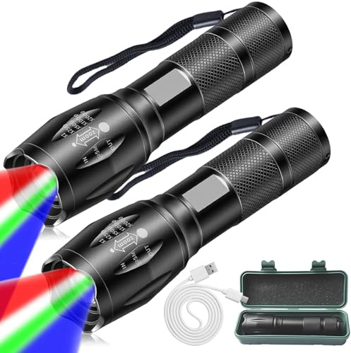 BAIFULAI Linterna Multifuncional 4-en-1: 2 Piezas Linterna LED Recargable Con Luz Roja, Verde, Azul, Blanca, Zoomable Y A Prueba De Agua Para Camping, Observación, Emergencias (Negro)