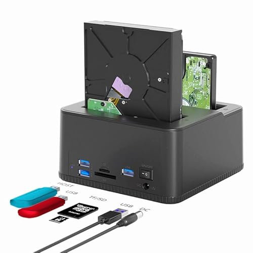 Station d'accueil Double Baie USB 3.0 pour disques durs/SSD SATA 2,5/3,5 (jusqu'à 2x16TB) avec Lecteur de Cartes SD/microSD intégré. Prend en Charge Le clonage Hors Ligne, Le Plug & Play