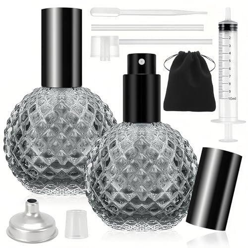 Maxumille 2PCS 100ml Vintage Gray Perfume Atomiser Refillable, 100ml Crystal Perfume Bottle with Carrying Case for Traveling, Transparent Portable Glass Atomiser Refill Spray Bottle for Daily Use
