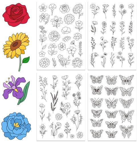 GLOBLELAND 4 Blatt Blumenstickerei Wasserlösliche Handnäh Stabilisatoren Für Stoff Schmetterlinge Pflanzen Abwaschbare Stick Stabilisator Aufkleber Stichübungen Für Erwachsene Anfänger Und Liebhaber