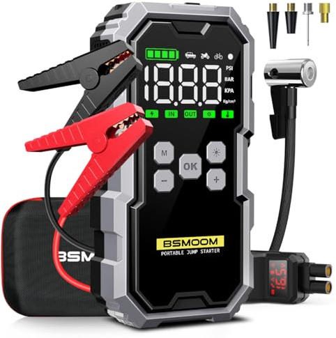 BSMOOM Arrancador de Batería con Compresor de Aire, 6000A Arrancador de Coche Portatil (para All de Gasolina o 10.0L de Diesel) con 150PSI Inflador, Linterna LED de Emergencia, Gran Pantalla