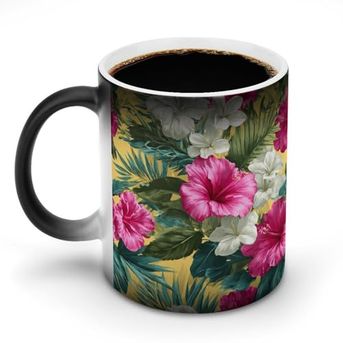 Jubonexis Taza de café de cerámica con diseño de flores blancas y rosas tropicales que cambian de color, taza de café novedosa divertida taza de té y agua, 325 ml