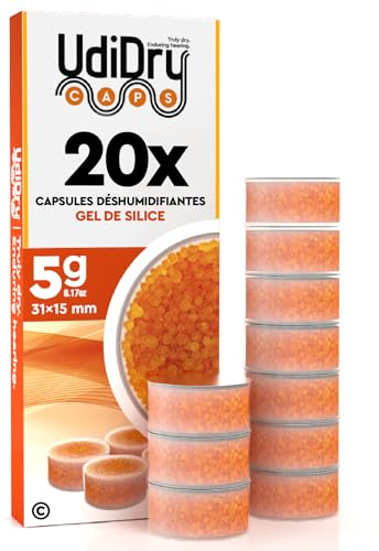 20 Capsule Essiccanti per Apparecchi Acustici UdiDry Caps 5g 31mm con Indicatore di Colore - Capsule Deumidificanti Assorbi Umidità con Gel di Silice di Alta Qualità per Contenitori di Asciugatura