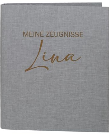 Striefchen® Personalisierte Zeugnismappe für Kinder mit Gravur – DIN A4 Ringordner mit Leinenstoff – 5 Farben – Name individuell gravierbar – Dokumentenmappe „Meine Zeugnisse“ (Grau)