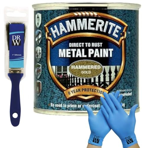DRW Hammerite Direct to Rust Smooth Metal Paint 750ml Smooth Gold 1 Brush & Free Nitrile Gloves | Durable Anti-Rust Protection for Indoor & Outdoor