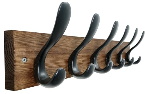 HONSKY Heavy Duty Wall Mounted Coat Rack, 43cm Wooden Coat Hanger with 6 Double Metal Hooks, Sturdy Wall Hanger for Hallway, Entryway, Bedroom, Easy Installation (Brown Base & Black Hooks)