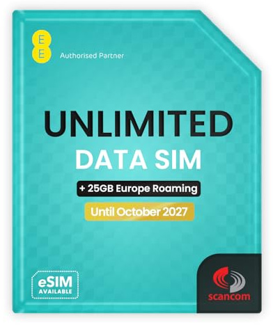 EE Unlimited Data SIM – Uncapped 5G Speeds – Preloaded Until 8th October 2027 + 25GB Europe Roaming – Plug & Play Broadband for Routers & Phones