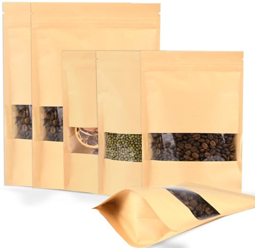 Sachet Kraft Alimentaire Avec Fenetre 200 Pièces, Sachet Zip Réutilisables Pour Les Graines et Les Noix