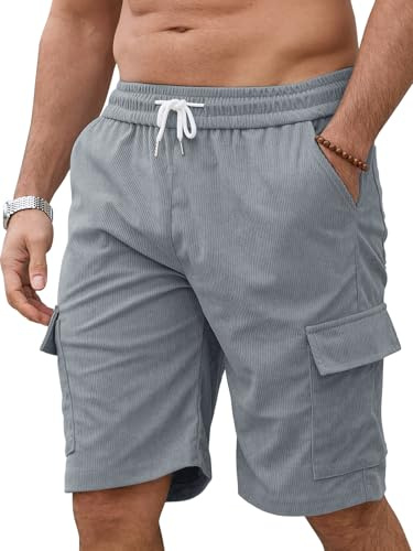 Pantalones Cortos Hombre Cargo de Pana con Cintura Elástica - Bermudas Hombre Verano Multi Bolsillos y Cordón | Shorts Hombre Casual para Trabajo y Relax (Grigio,L)