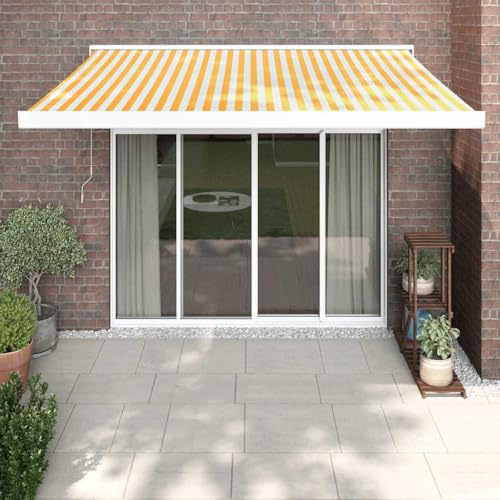 Pergola Adossée Voile Ombrage Rétractables pour Patio, Porch Awning Auvent Rétractable Jaune et Blanc 3x2,5 m Tissu et Aluminium pour Cour, Balcon, Jardin