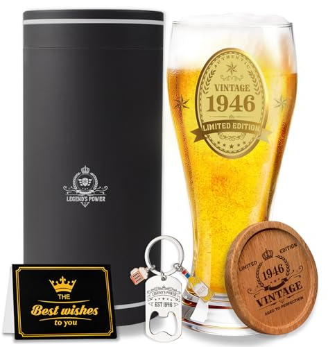 80th Birthday Gifts for Men, 580 ml Personalised Beer Glasses, Pint Glass 1946 Birthday Gifts for Men,GRANDDAD Dad Husband Uncle Birthday Gift Box with 80th Birthday Card, Bottle Opener,Wooden Coaster