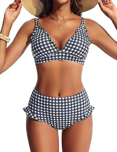 Hanna Nikole Bikiniset för kvinnor, söta volanger, sexig V-ringad, push-up effekt, nederdel med hög midja, dubbla axelremmar, Svartvit rutig, M