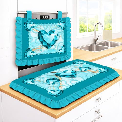 Set Cucina Copriforno 40x50 cm + Coprifornelli 46x70 100% microfibra anallergica Design Diamante con Stampa Cuori Gioiello e Balze - Protezione Completa stampa digitale 4K Made in Italy (Turchese)