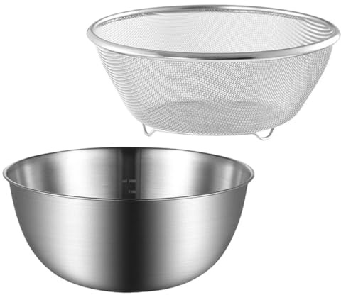 Angoily Égouttoir en Acier Inoxydable 2 Pièces 16 Cm Passoire à Mailles Fines pour Riz, Légumes et Fruits, Ensemble Bol Mélangeur et Passoire Multifonction Cuisine Quotidienne