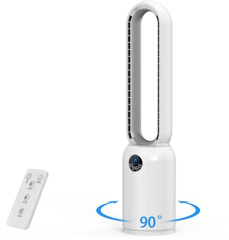 Husgw Ventilador de Torre sin Aspas, Ventilador Silencioso de 24 Velocità con purificador de aire HEPA, Timer 12 Ore, Oscillante a 90°, Display a LED y Control Remoto, Portátil, para Dormitorio
