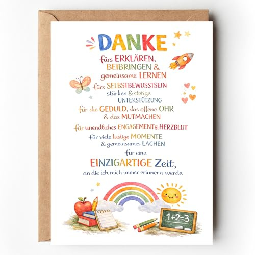 Paperlane by Essi Dankeskarte Lehrerin Schule – Abschied Grundschule Geschenk, Danke Karte Lehrer Schulabschluss Verabschiedung, Grußkarte mit Umschlag A6, buntes Aquarell Design (1)