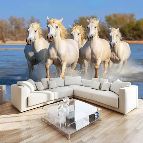 Genérico Fotomural Animales Caballos Galope Salpicaduras 350 x 256 cm Papel Pintado Fotográfico TNT - Decoración Pared TV, Póster para Cuarto Infantil, Salón Dormitorio u Oficina - Azul