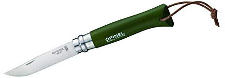 Opinel 1703 Messer Nr. 8 - rostfreier Sandvik Stahl 12C27 - Buchenholzgriff khaki - Lederriemen - Virobloc System